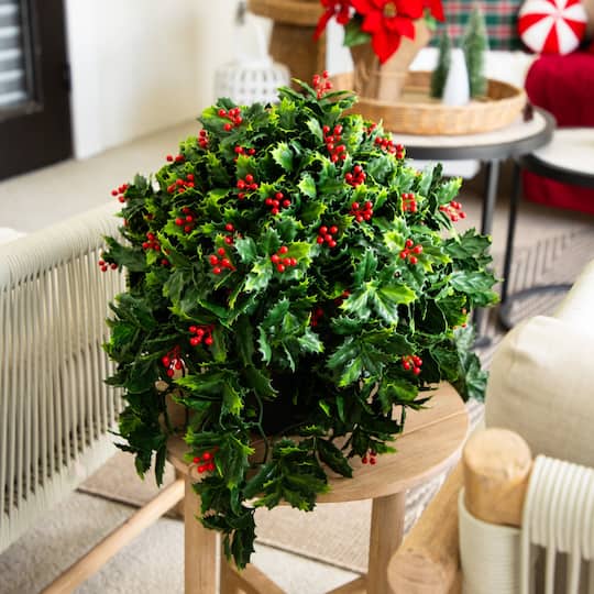 Nearly Natural 16" Holly & Berry UV Resistant Artificial Christmas Plant